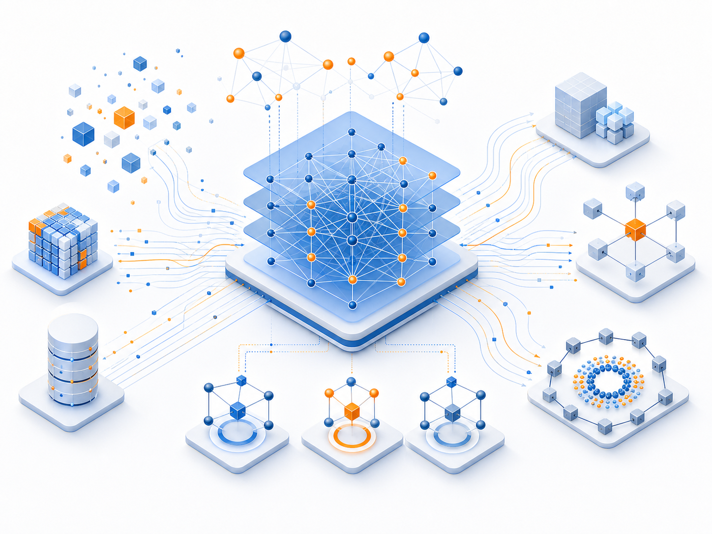 Illustration of neural network layers and connected AI model nodes