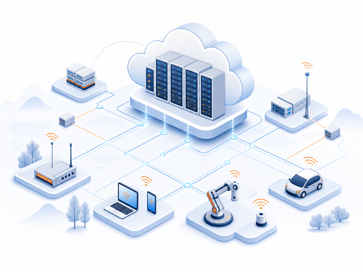Illustration of cloud data centers connected to edge devices